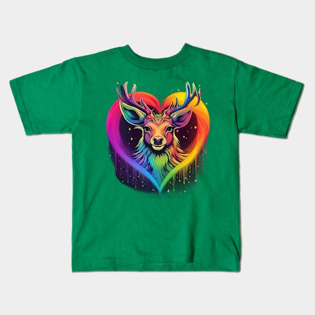 Fantasia Fauna - Flaming Rainbow Deer Tee Variation 1 Kids T-Shirt by trubble